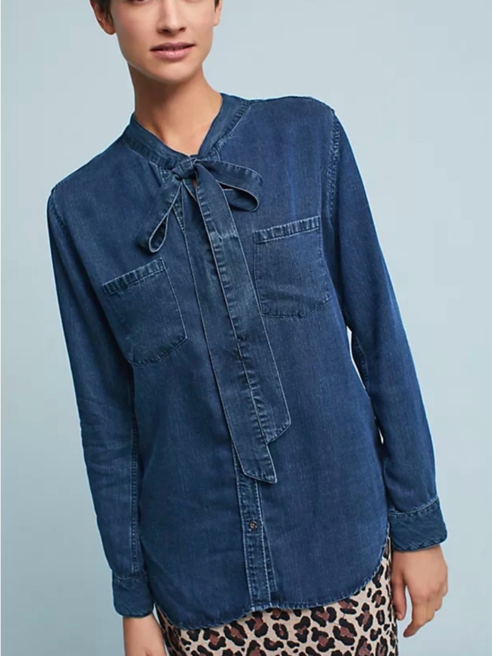Rails Tied Chambray Buttondown Anthropologie Rosalee Blue Tie Neck Top M